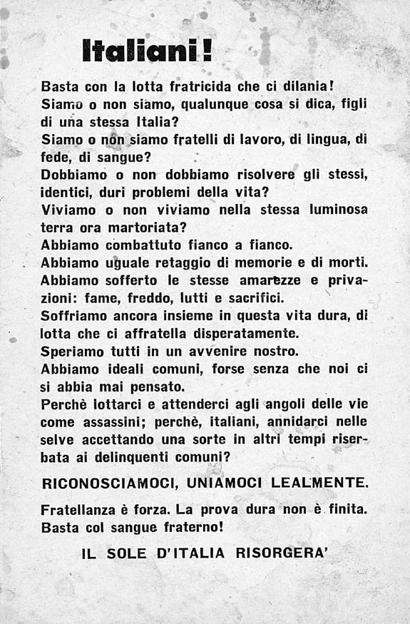 Manifesto Decima Mas inneggiante alla pacificazione coi partigiani